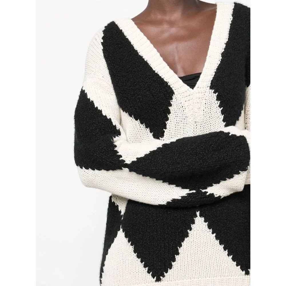 KHAITE The Valerie Argyle 100% Cashmere Academia Sweater Cream V Neck Size XS - Picture 6 of 12